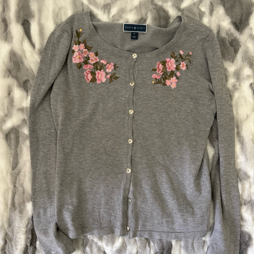 Karen Scott Gray Cardigan with Pink Floral Embroidery